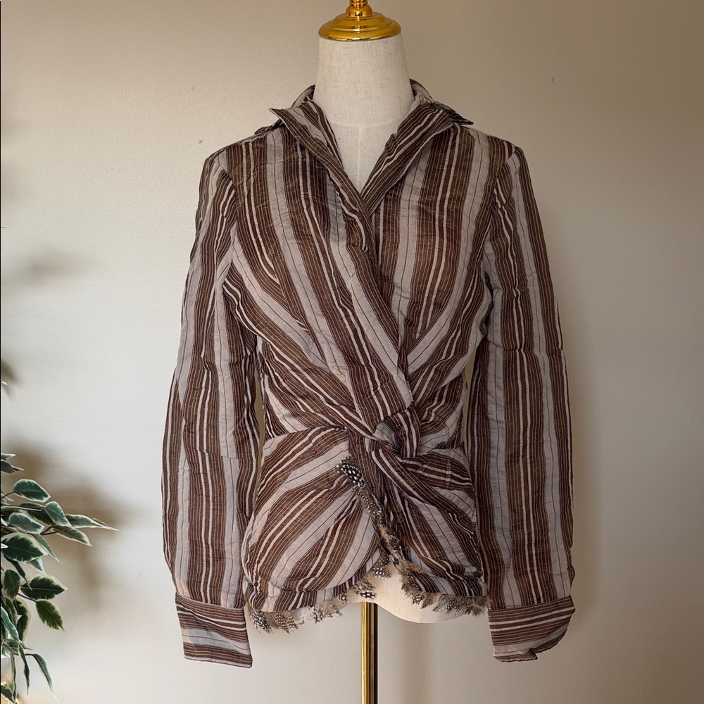 David Bitton Buffalo Striped Tie-Front Shirt with Fringe & Feather Trim Medium